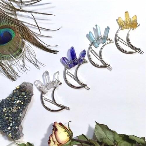 Clear Crystal Quartz Moon Shape Hair Clip Hair Accessory Yellow Purple Color Hair Barrette Reiki Gemstone Barrette Accessories