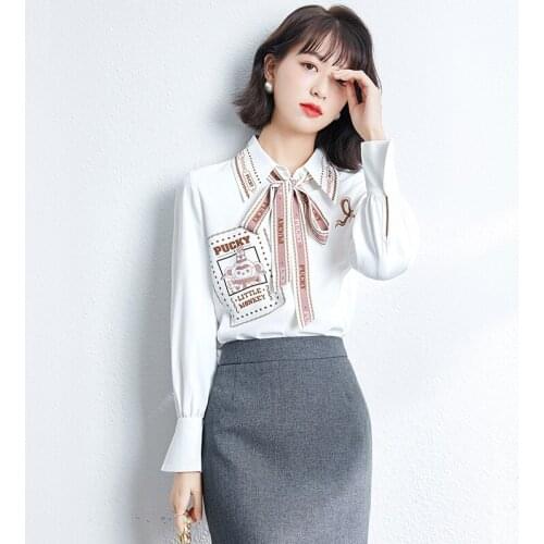 2021 Women Bow OL Blouses Mujer Long Sleeve Sexy Printed Tops Tees Korean Style Loose Blusas Female Plus Size Shirts 1109