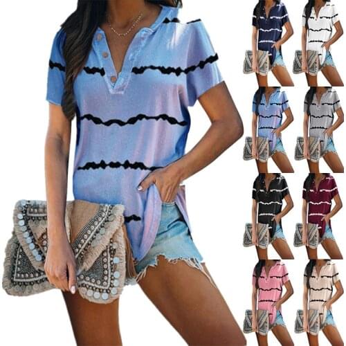 Women Elegant V-neck Button Short Sleeve T-shirt Top Summer New Casual Loose Striped Print Fashion Tee Pullover Plus Size 3XL