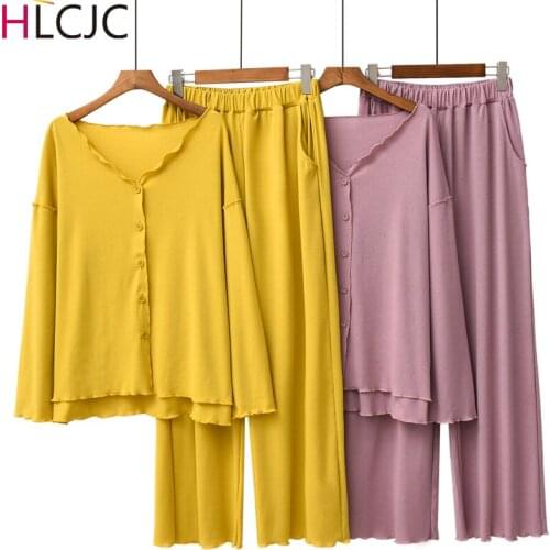 10 Colors Sexy V-neck Home Suits Women Spring Autumn New Loose Long-sleeved Pajamas Wide Leg Pants Pijama Mujer Sleepwear 2020