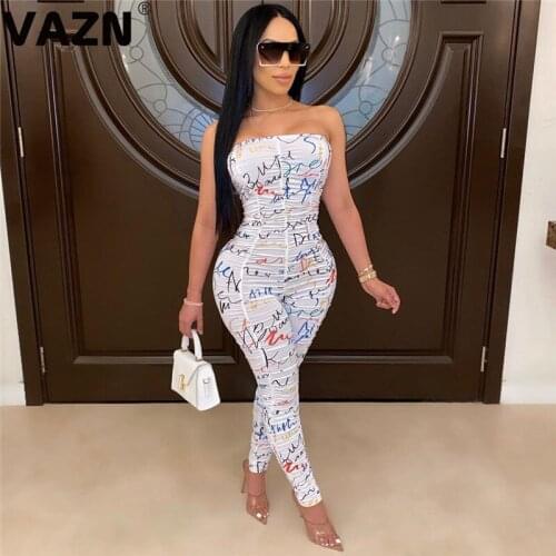 VAZN 2020 Hot List Strapless Jumpsuits Sexy Club Joker Sleeveless 3 Color High Waist Women Elastic Skinny Jumpsuits