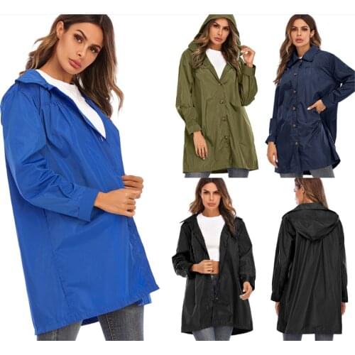 2020 Autumn Coat Hooded Waterproof Zipper Mid-length Jackets Women Windproof Loose Solid Casual Raincoat Jacket Au4