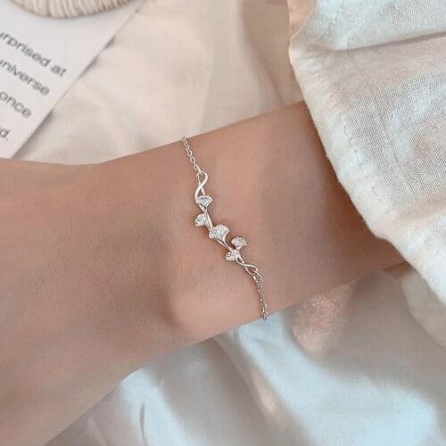 Silver Leaf Bracelet Womens Korean Style Small Fresh Ginkgo Leaf Art and Sweet Design Sense Hand Jewelry for Girlfriend