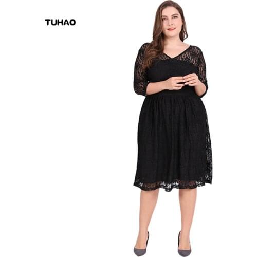 TUHAO 2018 Fall Autumn Lace Dress Office Lady Hollow Out Plus Size 6XL 5XL 4XL Women Black Elegant Korean Ladies Dresses SJ02