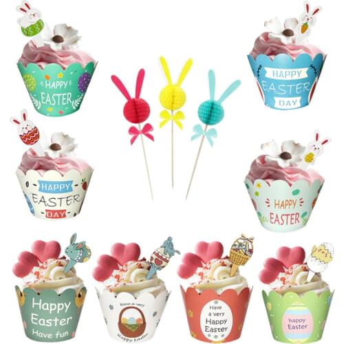 12pcs/set Easter Cupcake Wrapper Paper Rabbit Cake Topper Bunny Egg Baking Supplies Happy Easter Party Kids Birthday Decoration