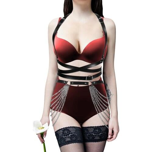 2PC Harness Erotic Accessories PU Leather Garter Belt Womens Fetish Suspenders Lingerie Stocking Pole Dance Punk Rave Bodysuit