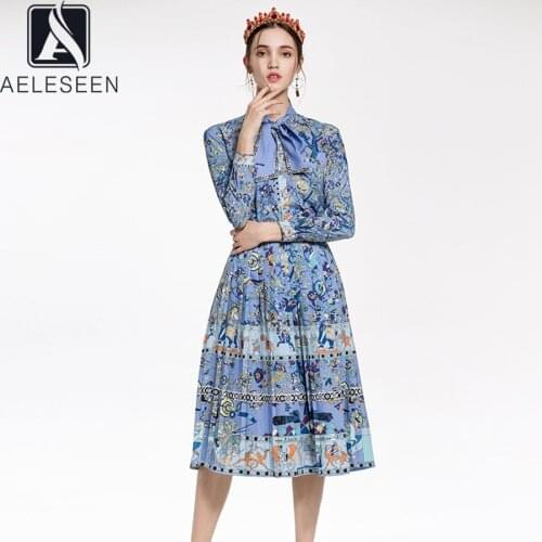 AELESEEN Runway Fashion 2 Pieces Sets Spring Autumn New Arrival Blue Blouse+Midi Pleated Skirts Floral Print Elegant Party Sets