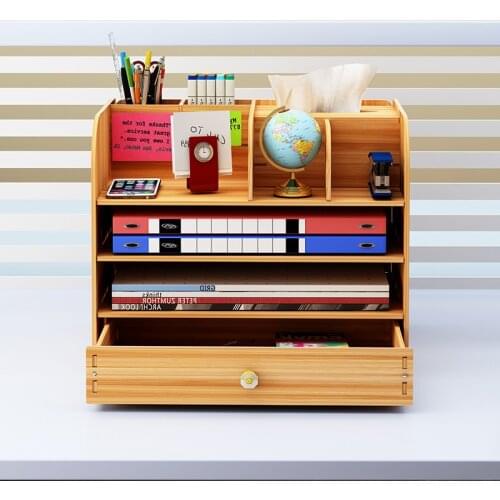Multifunction Wooden Stationery Storage Box Large Capacity Office Supplies Organizer With Drawer Pen Holder Sundries Snack Rack