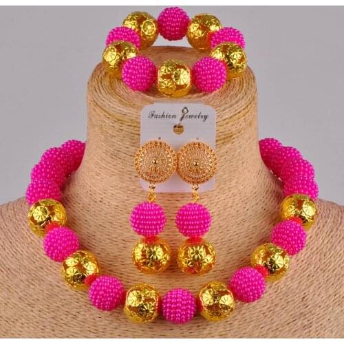 Fuchsia pink costume necklace african set simulated pearl african beads jewelry set nigerian wedding set ZZ06