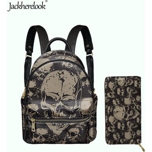 Jackherelook Funny Skull Design Womens Mini PU Daily Backpack Wallet 2pcs/Set Female Casual Satchel Girls Small Campus Schoolbag