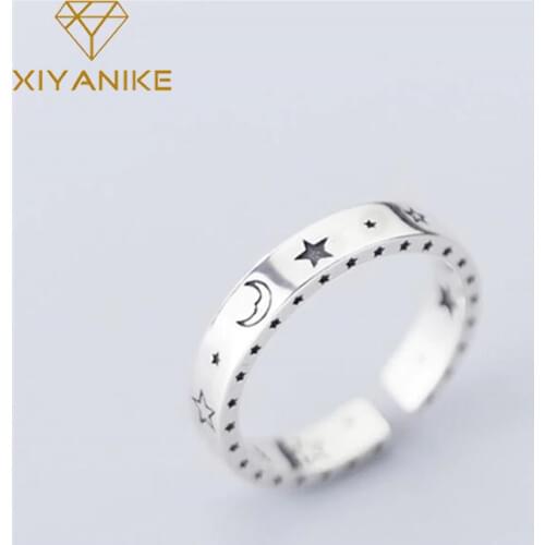 XIYANIKE 925 Sterling Silver Stars Moon Smiley Engraving Ring Fashion Retro Exquisite Opening Jewelry Accessories Wholesale Gift