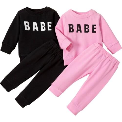 Kids Baby Girls Boys Long Pants Set, Long Sleeve Lettering Tops Elastic Waist Solid Color Pants, Kids Clothing 6M-4Y