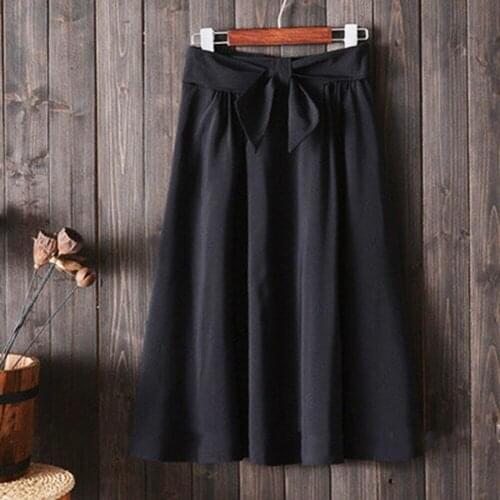 Summer Women Casual Solid Color Bow Belted High Waist Pleated A-line Midi Skirt
