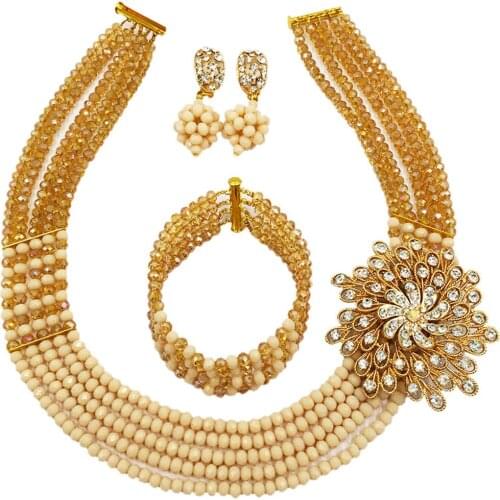 Fashion Gold AB Beige Crystal Beaded Necklace Nigerian Wedding African Beads Jewelry Set for Women 5L-SXJB10
