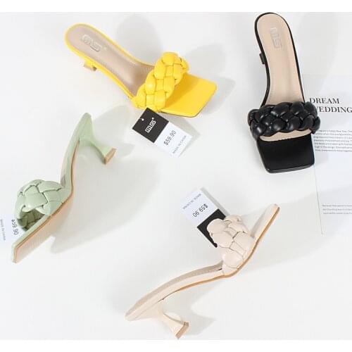 Fashion slippers female 2021 summer new square head hand-woven word belt high-heel sandals casual and comfortable outer wear 6cm