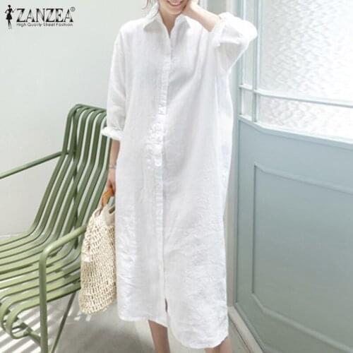 ZANZEA Fashion Autumn Women Long Sleeve Work Sundress 2021 Casual Lapel Neck Shirt Dress Elegant Buttons Down Loose Vestidos