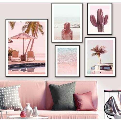 Pink Cactus Palm Plant Sea Beach Van Girl Wall Art Canvas Painting Nordic Posters And Prints Wall Pictures For Living Room Decor