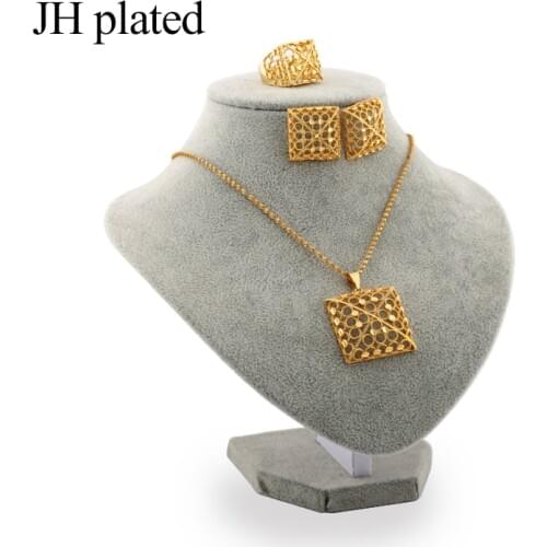 JHplated African Fashion gold color jewelry sets women best gifts Party wedding Necklace and Earrings ring sets 45cm Pendant