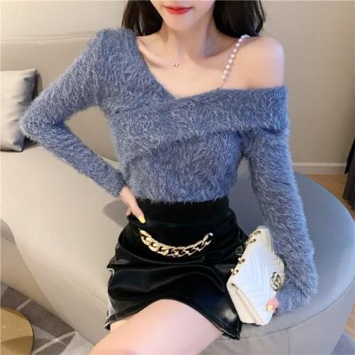 Spring Autumn Pearl Shoulder Strap Off-shoulder Slim Fit Knitted Sweaters Women Winter Solid Pullover Woman Elegant Cross Tops