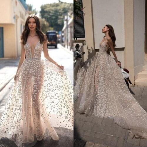 Champagne Wedding Dress 2020 Deep V Neck A Line Lace Appliqued Boho Robe De Mariée Sexy Backless Customize Vestido De Noiva