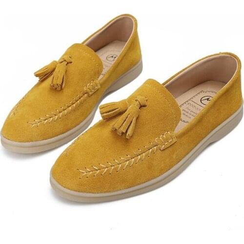 Fashion Nubuck Leather Casual Shoes Women Gray Spring Flat Shoes Soft Sole Tassel Loafers Ladies Driving Pregnant Work Shoes