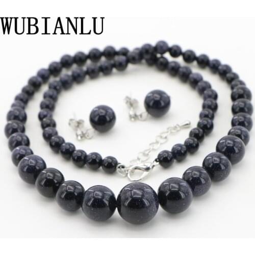 WUBIANLU Wholesale 6-14mm Golden Green Blue Sand Stone Round Beads Woman Necklace Earrings Jewellery Suit Natural Fashion Style