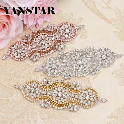 YANSTAR 30PCS Wholesale Rhinestones Appliques Accessory Iron On For Wedding Dresses Belt Rose Gold Rhinestones Appliques YS842