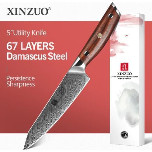 XINZUO 5'' Utility Knife Japanese VG10 Core Damascus Steel Kitchen Knives Sharp Blade For Fruit Peeling Slicer Rosewood Handle