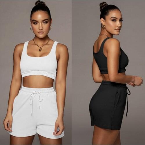 2021 Summer white black sports wear women two piece casual Elastic stretch vest sports loose jogging high waist shorts two piece