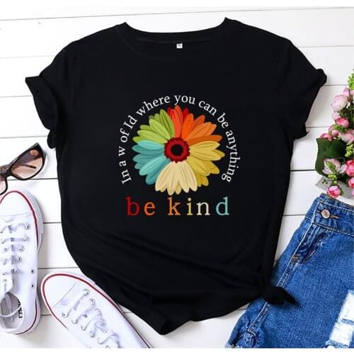 100%Cotton TShirt Be Kind Sunflower Print T-Shirt Women Plus Size O Neck Short Sleeve Summer Tees Women T Shirt Tops S-5XL