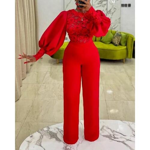VAZN 2021 Spring Women New High Street Style Jumpsuits Long Sleeve Round Neck Pure Color Lace Ladies Jumpsuits Long Pants