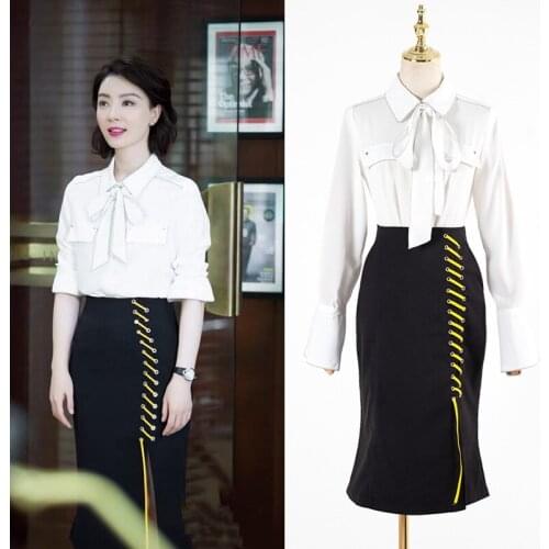 KPOP IU Seo Yea Ji white slim long sleeved bow-knot Lace-up shirt tops+temperament High waist Split skirts two piece set women