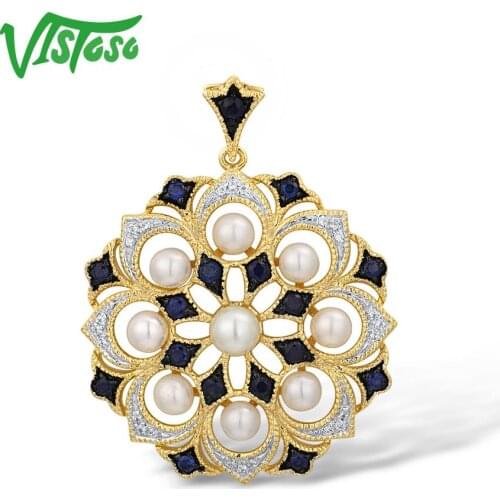 VISTOSO Gold Pendants For Women Genuine 14K 585 Yellow Gold Pendant Fresh Water Pearl Sapphire Chic Elegant Gift Fine Jewelry