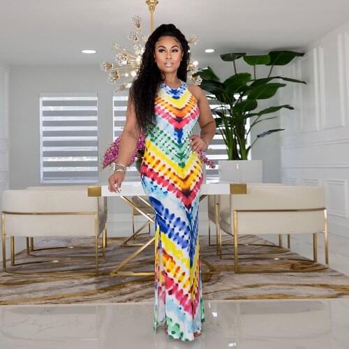 Women Rainbow Tie Dye Print Long Maxi Dress Summer Sleeveless Side High Split Bohemian Dresses Vintage Criss Backless Vestidos