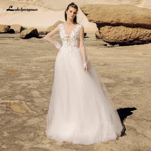 2021 Princess Boho Wedding Dresses Appliques Lace Backless Beach Bride Dress Long Puff Sleeves Plus Size Bridal Gown