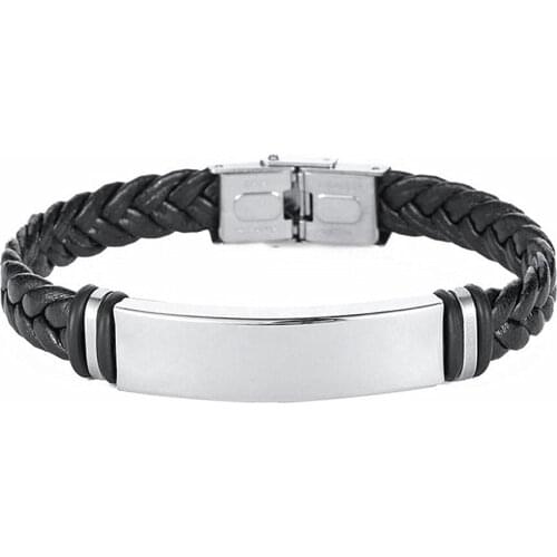 DIY Engraved Name Message Letter Stainless Steel Leather Chain Bracelets Bangles Men