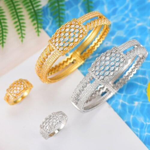 LARRAURI Luxury AAA cubic zirconia micro pave setting rose flower shaped big bangle rings sets womens accessaries