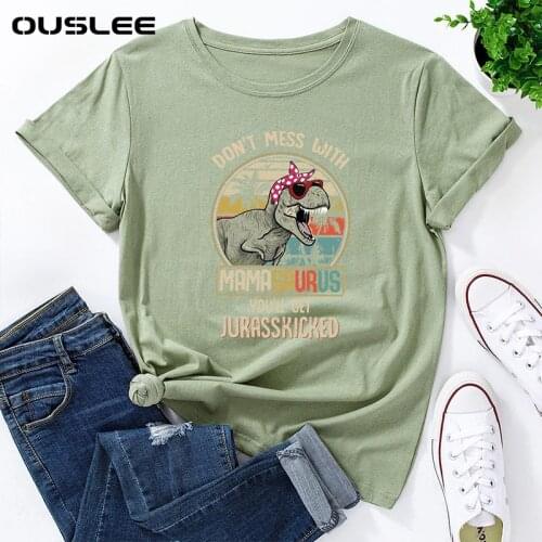 Ouslee Summer Cotton Plus Size Women T Shirt Short Sleeve Dinosaur Letters Print Casual O-Neck Female T-Shirt Tops