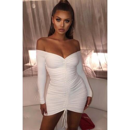 Echoine Sexy Off Shoulder Slash Mini Dress Bodcyon Fitness Long Sleeve Party Dresses Autumn Pleated Drawsting Vintage Vestido