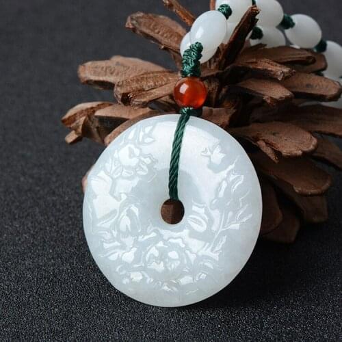 Natural Myanmar jadeite hand-carved peony flower pendant simple retro pendant temperament jewellery fashion for women men
