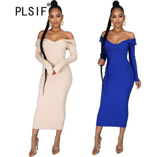 European Style Solid Color Women Maxi Dress Full Sleeve Slim Bodycon Dress V Neck Long Dresses