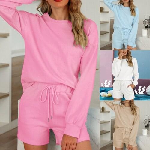 Kili WomenS Solid Color Comfortable Long Sleeve Shorts Pajamas Two Piece Set Pure Cotton Homewear