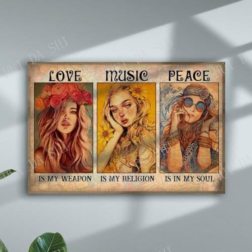 Hippie Poster, Love Music Peace Art, Hippie Girl Wall Art, Girl Flowers Print, Gift For Her, Peace Signs Poster, Best Gift Ever