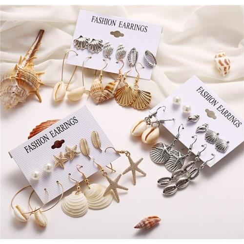6Pairs Seashell Hoops Earrings Set For Women Starfish Shell Statement Drop Earrings Bohemia Beach Jewelry Pendientes Cortos