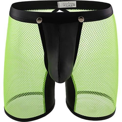 Mens Low Rise Elastic Waistband Brief Faux Leather Patchwork Shorts Removable Bulge Pouch Boxer Transparent Mesh Open Butt Pants