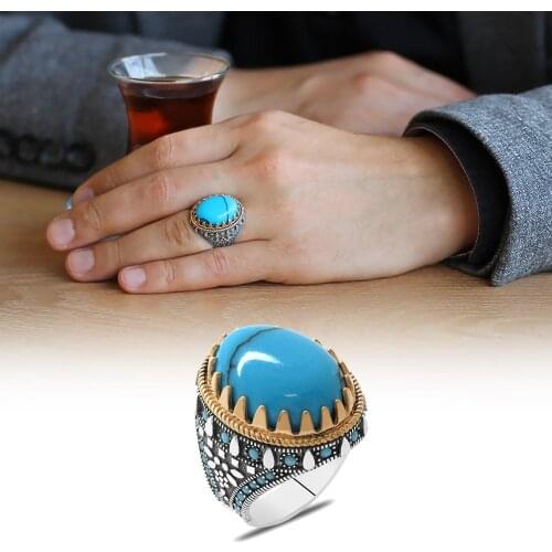 Tesbihane Turquoise Gemstone Sides Turquoise Stone Mıhlamalı 925 Sterling Silver Men 'S Ring