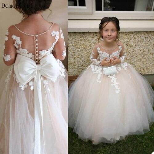Champagne Tulle Flower Girl Dress With Bow Appliques Long Sleeve Birthday Ball Gown First Communion Dresses