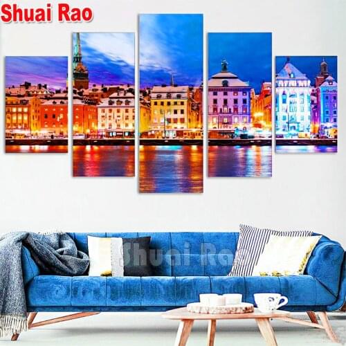 5 pieces diamond embroidery Sweden Stockholm 5d diamond painting full square drill diamond mosaic fantasy City Buildings Night