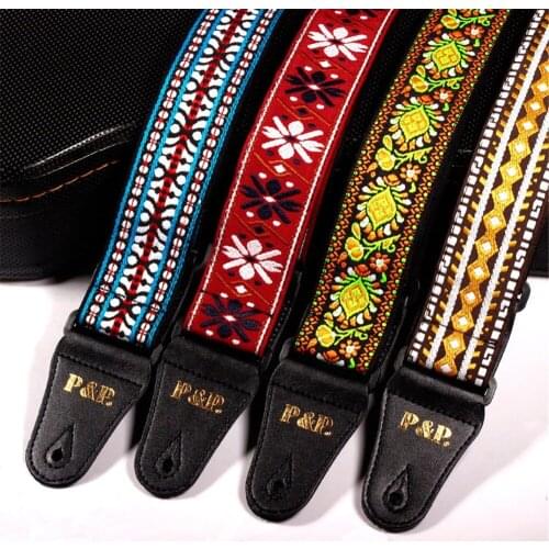 High Quality Vintage Flowers Stripes Acoustic Electric Guitar Strap Woven Embroidery Fabrics Leather Ends Guitar Strap