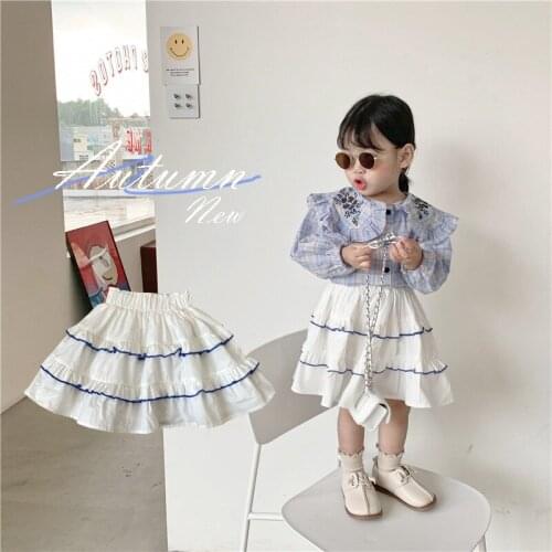 Skirt Knee Length Ruched A-line Solid Regular Cotton New Fashion Sweet Cute Lovely Simple Spring Autumn Children Girls Kids